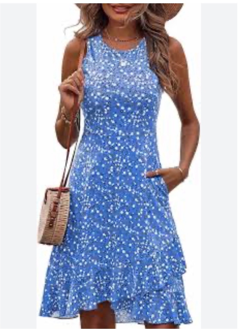 Sleeveless Blue Floral Midi Dress with Ruffle Hem - Picture 2 of 12